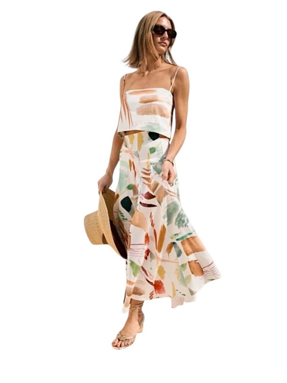 ANTONIO MELANI White Crop Top & Abstract Print Maxi Skirt Set